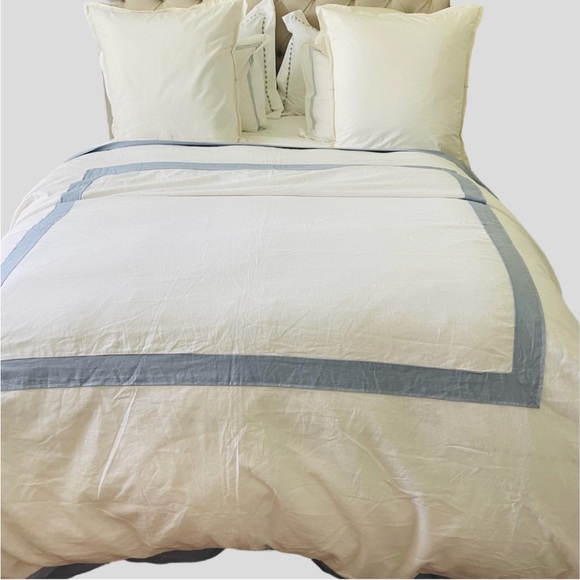 POTTERY BARN BLUE BORDER LINEN COTTON DUVET COVER QUEEN FULL - Picture 1 of 15